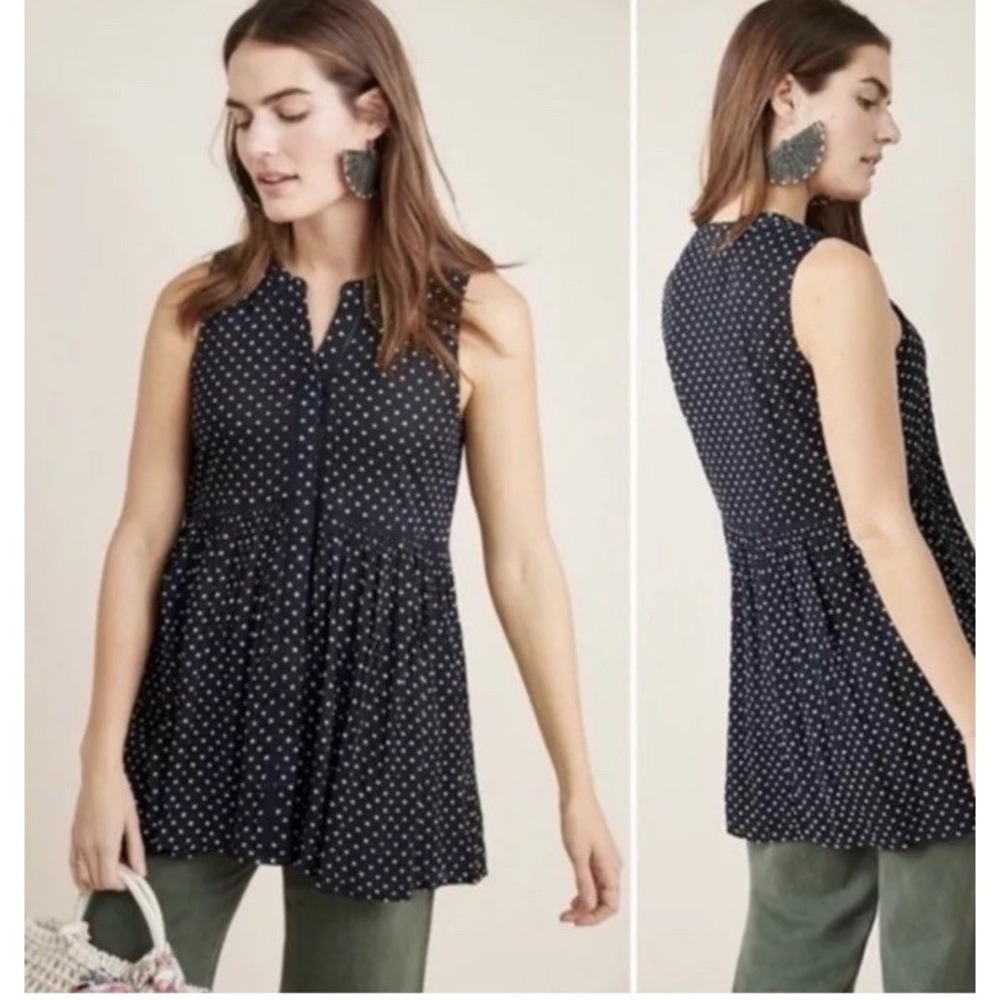 Anthropologie Navy and White Polka Dot Sleeveless Peplum Tank